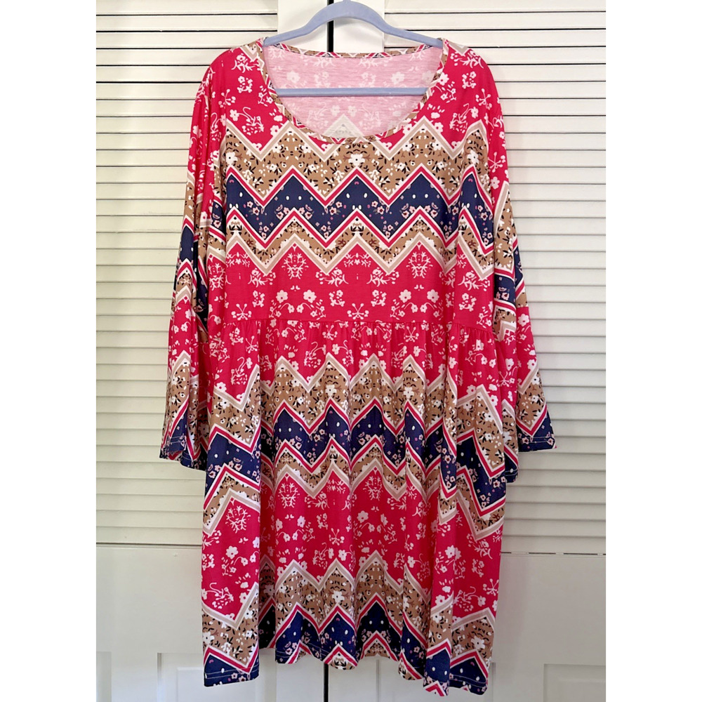 Womens 5XL Dress Red 3/4 Sleeve A Line Tunic Bohemian Boho Chevron Print